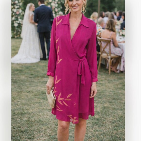 Ice Dresses & Skirts - Vintage ICE Women’s Silk Chiffon Fairy Wrap Dress Pink Tropical Palm Print Sz 14